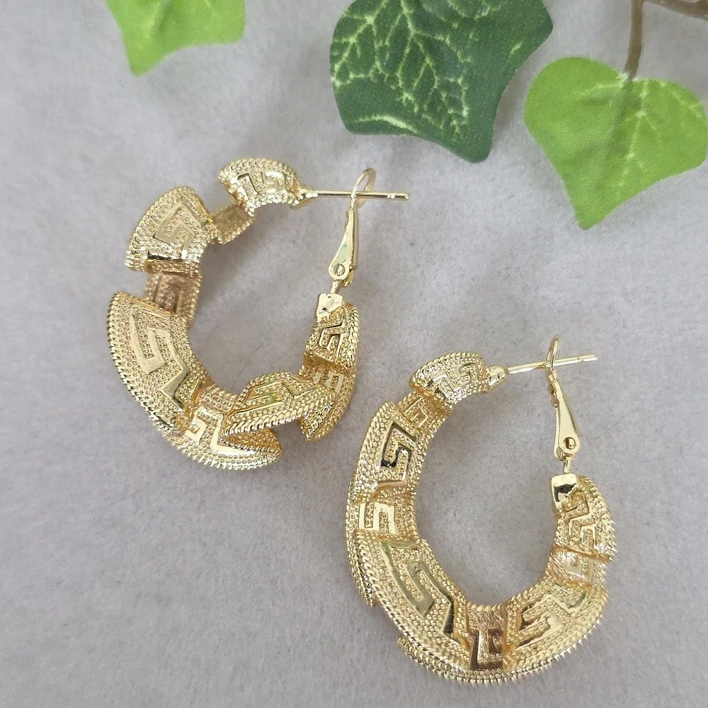 Gold Filled Oval Hoops Greek Key Ribbon Design